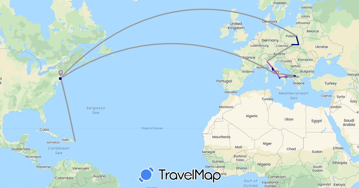TravelMap itinerary: driving, bus, plane, train, boat in Albania, Dominican Republic, Italy, Macedonia, Poland, United States (Europe, North America)